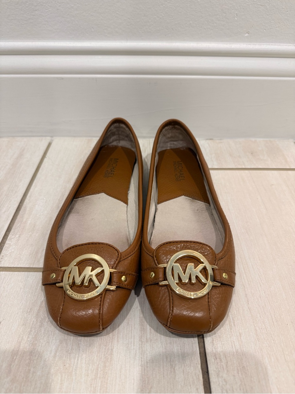Michael Kors Tan Leather MK Logo Ballet Flats with Gold Accent